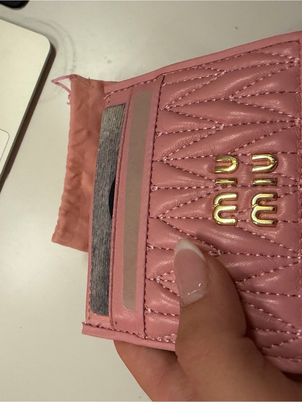 Miu Miu Blush Pink Quilted Leather Card Holder with Gold Logo - Picture 5 of 5